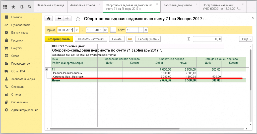 Образец заполнения Авансового отчёта в программе 1С - оборотно-сальдовая ведомость по 71 счёту - остаток