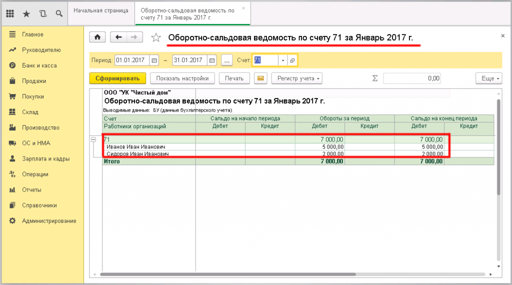 Образец заполнения Авансового отчёта в программе 1С - оборотно-сальдовая ведомость по 71 счёту
