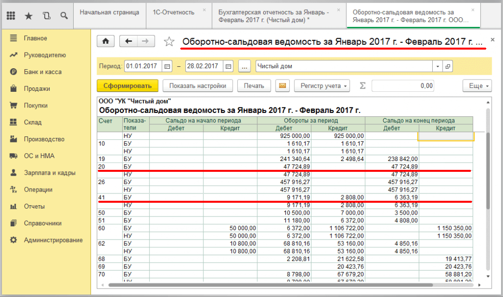 Бухгалтерский баланс в 1С Бухгалтерия - оборотно-сальдовая ведомость