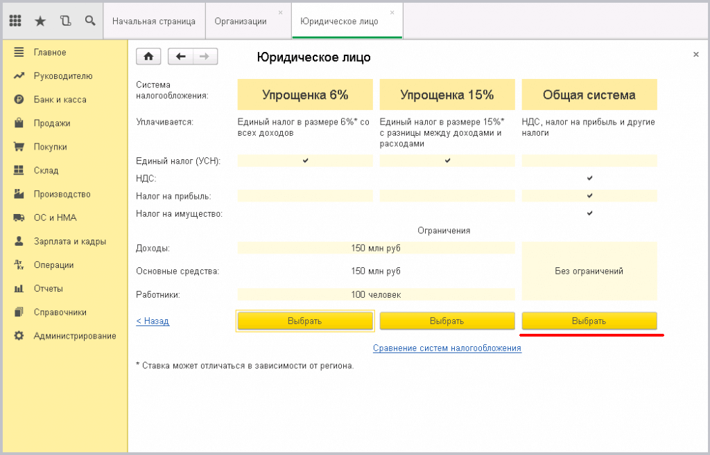 Заведение новой организации в 1С - выбираем систему налогообложения
