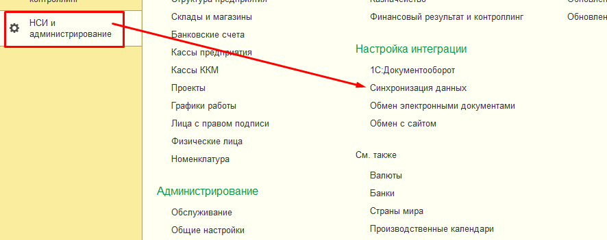 Зайдем в раздел «НСИ и администрирование» - «Синхронизация данных»